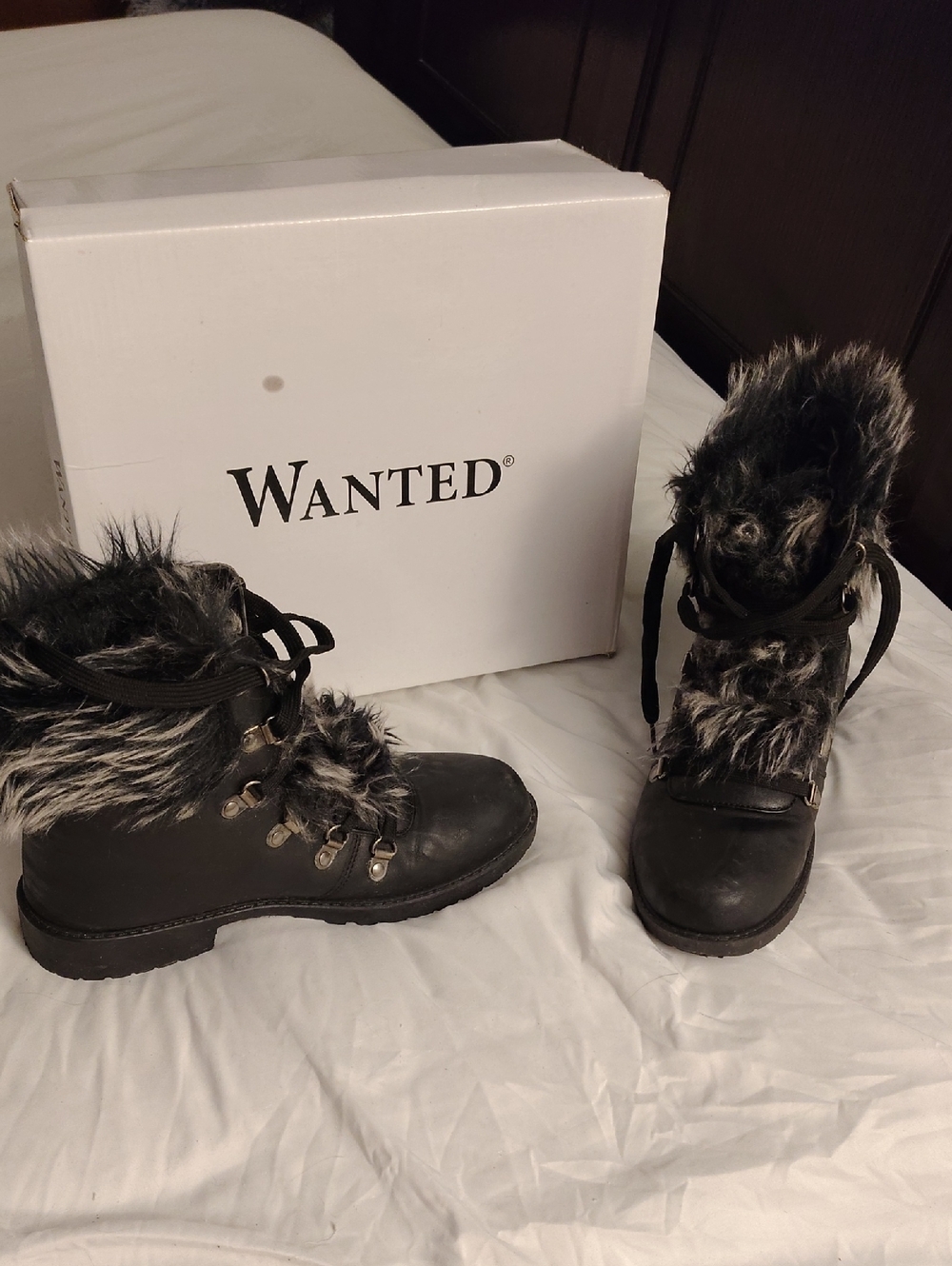 WANTED Black Faux Fur Lace-Up Winter Boots
